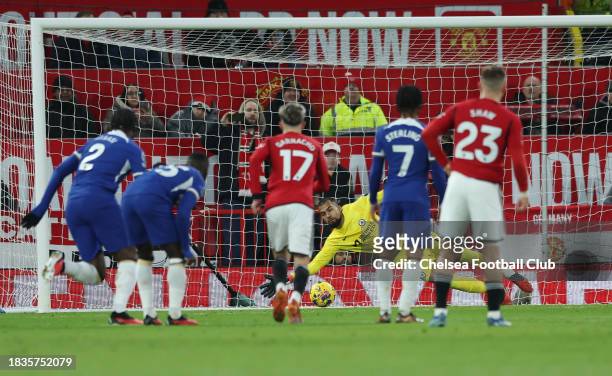 Robert Sanchez of Chelsea saves a penalty kick from Bruno Fernandes of Manchester United during the Premier League match between Manchester United...