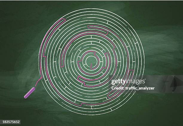 intricate maze over chalkboard - chalk circle stock illustrations