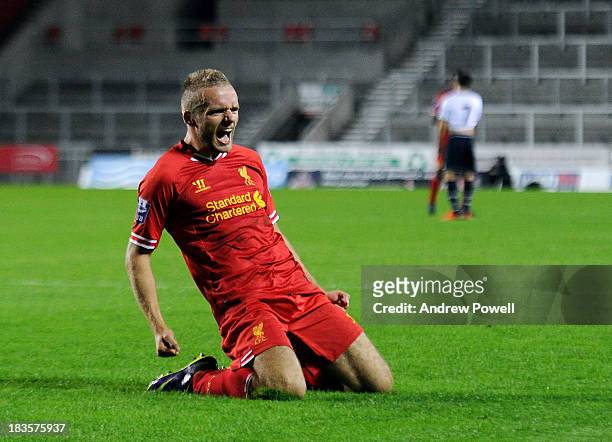 Ryan McLaughlin of Liverpool U21 celebrates after scoring the thrid during the Barclays Premier U21 League match between Liverpool U21 and Tottenham...