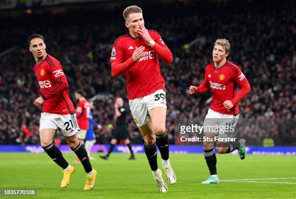 Scott McTominay of Manchester United celebrates scoring his team's first goal during the Premier League match between Manchester United and Chelsea...