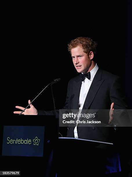 Prince Harry gives a speech at the Sentable 'Forget Me Not' dinner on October 7, 2013 in Dubai, United Arab Emirates. The dinner is in partnership...