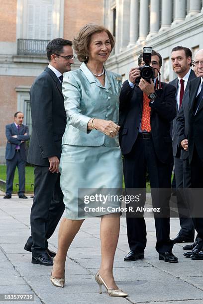 Queen Sofia of Spain attends the inauguration of the "Velazquez Y La Familia de Felipe IV" exhibition at the El Prado museum on October 7, 2013 in...