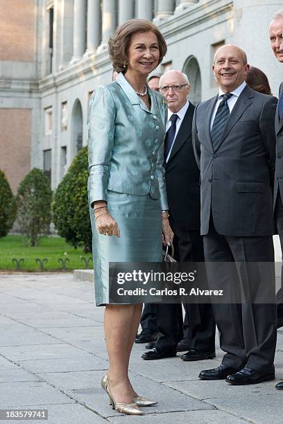 Queen Sofia of Spain attends the inauguration of the "Velazquez Y La Familia de Felipe IV" exhibition at the El Prado museum on October 7, 2013 in...