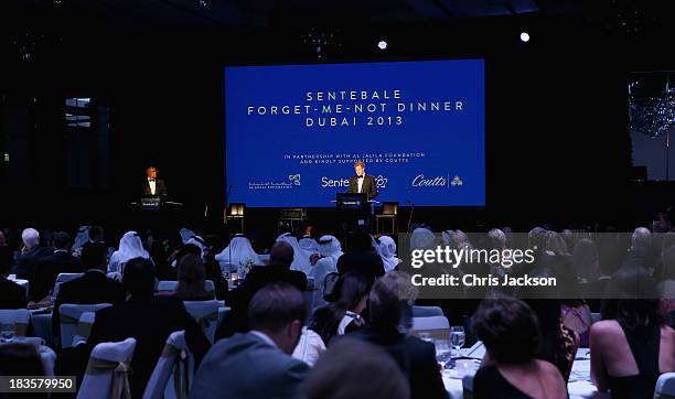 Prince Harry gives a speech at the Sentable 'Forget Me Not' dinner on October 7, 2013 in Dubai, United Arab Emirates. The dinner is in partnership...