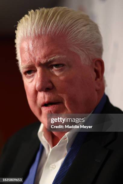 Brian Burke is interviewed by members of the2 media before the U.S. Hockey Hall of Fame Induction Celebration at Westin Copley Place on December 06,...