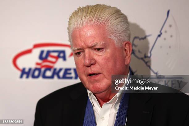 Brian Burke is interviewed by members of the2 media before the U.S. Hockey Hall of Fame Induction Celebration at Westin Copley Place on December 06,...