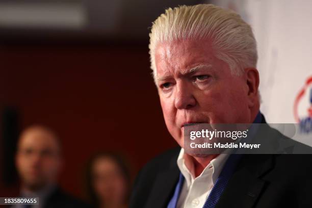 Brian Burke is interviewed by members of the2 media before the U.S. Hockey Hall of Fame Induction Celebration at Westin Copley Place on December 06,...