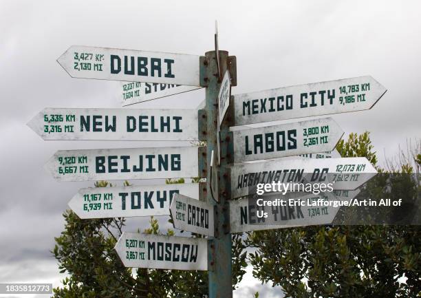 Billboards with towns distance on the equator, Samburu County, Samburu National Reserve, Kenya on November 22, 2023 in Samburu National Reserve,...
