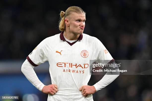 Erling Haaland of Manchester City reacts during the Premier League match between Aston Villa and Manchester City at Villa Park on December 06, 2023...