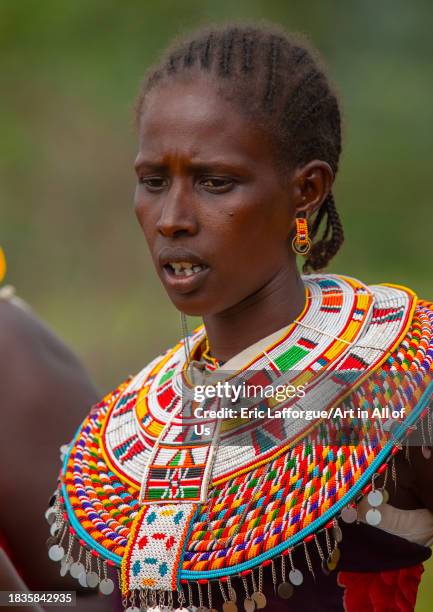 Portrait of a samburu woman with a beaded necklace, Samburu County, Samburu National Reserve, Kenya on November 23, 2023 in Samburu National Reserve,...