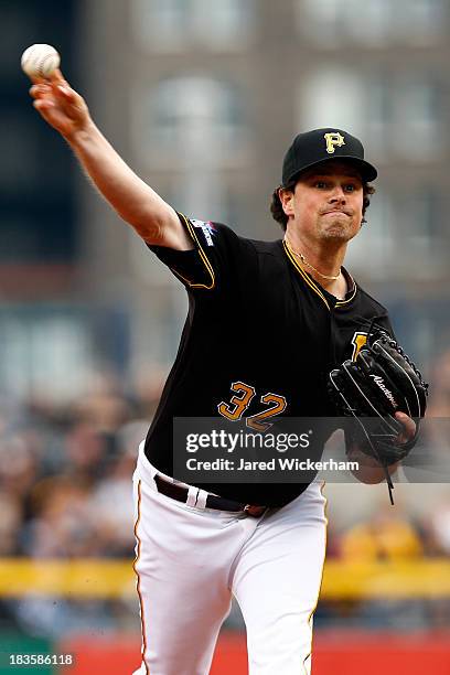 Vin Mazzaro of the Pittsburgh Pirates throws a pitch in the sixth inning against the St. Louis Cardinals during Game Four of the National League...