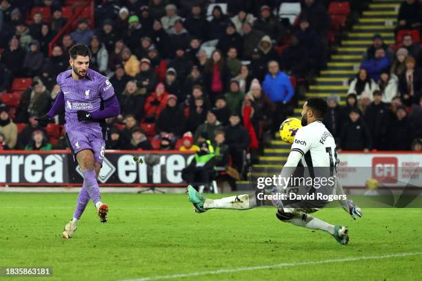 Dominik Szoboszlai of Liverpool scores his team's second goal during the Premier League match between Sheffield United and Liverpool FC at Bramall...