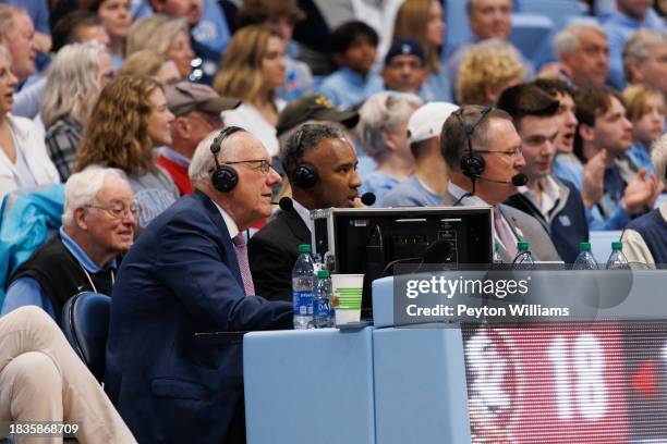 Former Syracuse head coach Jim Boeheim calls a game on the ACC Network with Cory Alexander and Wes Durham during a game against the North Carolina...