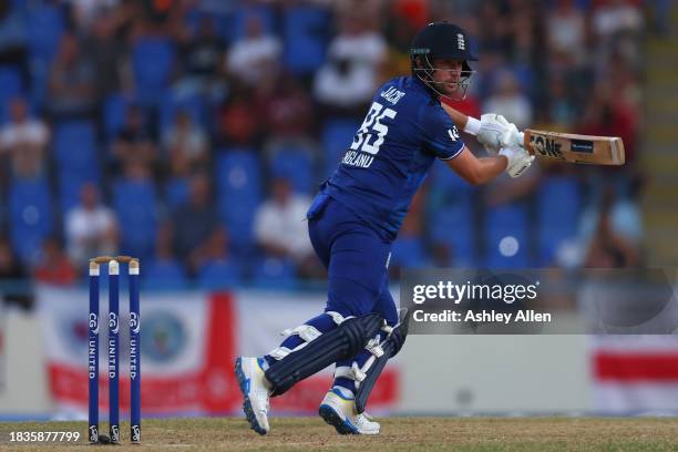 Will Jacks of England batts during the 2nd CG United One Day International match between West Indies and England at Sir Vivian Richards Stadium on...