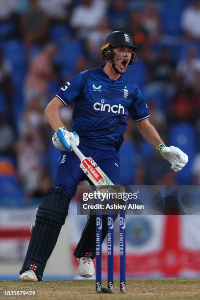 Zak Crawley of England shouts 'No' during the 2nd CG United One Day International match between West Indies and England at Sir Vivian Richards...