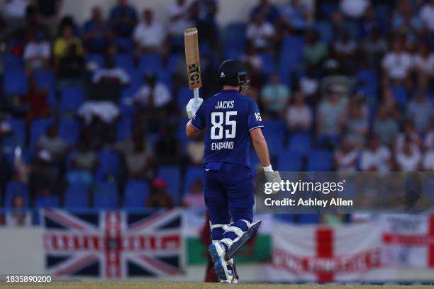Will Jacks of England reaches 50 during the 2nd CG United One Day International match between West Indies and England at Sir Vivian Richards Stadium...