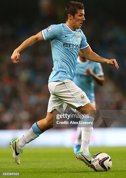 Stevan Jovetic of Manchester City during the Capital One Cup third round match between Manchester City and Wigan Athletic at Etihad Stadium on...