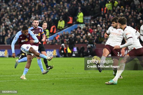 Leon Bailey of Aston Villa scores his team's first goal during the Premier League match between Aston Villa and Manchester City at Villa Park on...