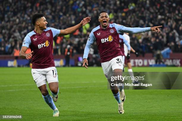 Leon Bailey of Aston Villa celebrates scoring his team's first goal during the Premier League match between Aston Villa and Manchester City at Villa...