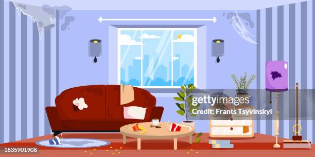 vector illustration of interior abandoned room. cartoon interior with torn sofa, scattered food and books, broken lamp, table, nightstand, torn wallpaper, cobwebs in the corners, window with access to the city. - messy table stock illustrations