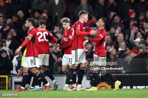 Scott McTominay of Manchester United celebrates scoring his team's second goal with teammate Antony during the Premier League match between...