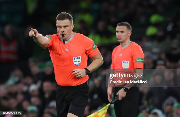 Match referee John Beaton awards a penalty after a VAR consultation during the Cinch Scottish Premiership match between Celtic FC and Hibernian FC at...