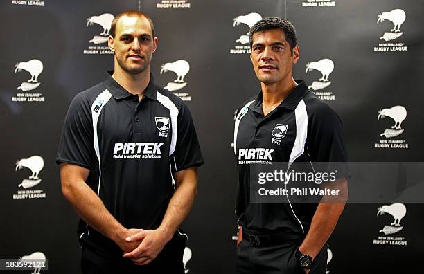 Kiwis coach Stephen Kearney and captain Simon Mannering pose following the New Zealand Kiwis Rugby League World Cup Squad Announcement at Rugby...