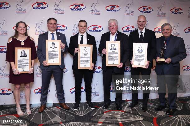 From left, Katie King Crowley, Jamie Langenbrunner, Dustin Brown, Brian Burke, Brian Murphy, and Joe Bertagna stand for a photo before the U.S....
