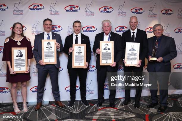 From left, Katie King Crowley, Jamie Langenbrunner, Dustin Brown, Brian Burke, Brian Murphy, and Joe Bertagna stand for a photo before the U.S....