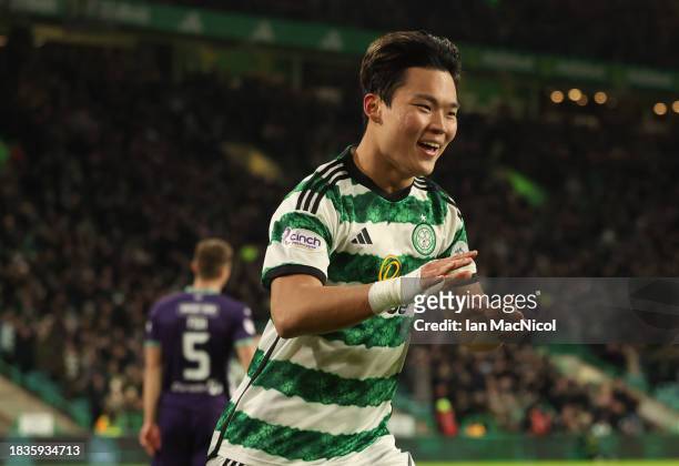 Oh Hyeongyu of Celtic celebrates scoring his team's fourth goal during the Cinch Scottish Premiership match between Celtic FC and Hibernian FC at...
