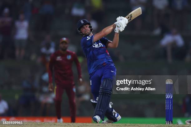 Will Jacks of England hits six runs during the 2nd CG United One Day International match between West Indies and England at Sir Vivian Richards...