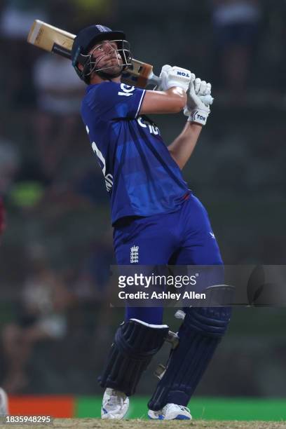 Will Jacks of England hits a six during the 2nd CG United One Day International match between West Indies and England at Sir Vivian Richards Stadium...