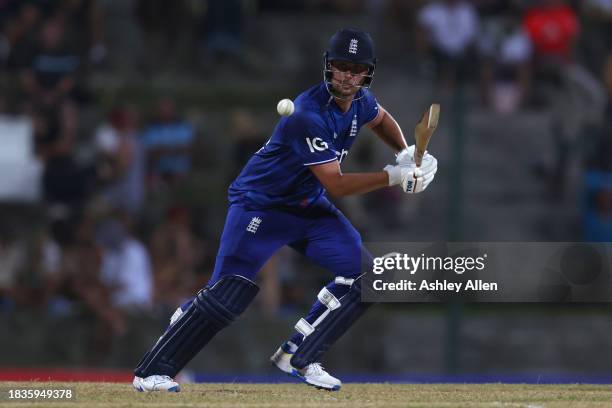 Will Jacks of England batts during the 2nd CG United One Day International match between West Indies and England at Sir Vivian Richards Stadium on...