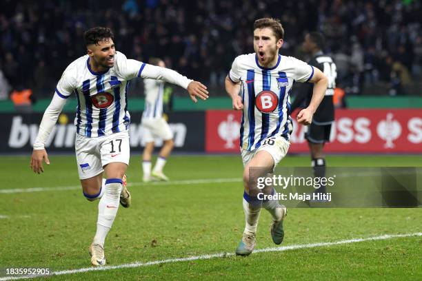 Jonjoe Kenny of Hertha Berlin celebrates after scoring his team's third goal during the DFB cup round of 16 match between Hertha BSC and Hamburger SV...