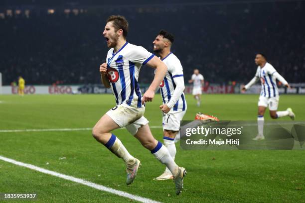 Jonjoe Kenny of Hertha Berlin celebrates after scoring his team's third goal during the DFB cup round of 16 match between Hertha BSC and Hamburger SV...