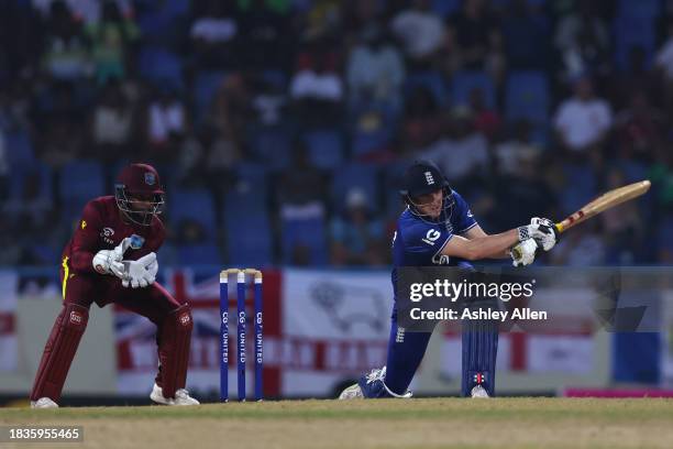 Harry Brook of England plays an attacking shot during the 2nd CG United One Day International match between West Indies and England at Sir Vivian...
