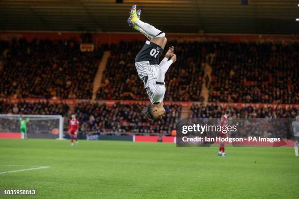 Ipswich Town's Omari Hutchinson celebrates scoring their side's second goal of the game during the Sky Bet Championship match at the Riverside...