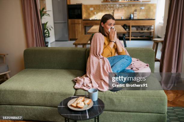 ill woman with flu infection at home - weakness stock pictures, royalty-free photos & images