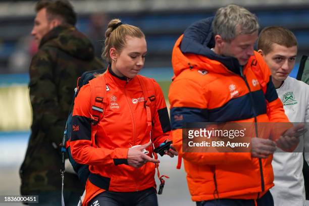 Joy Beune, Eric Bouwman of The Netherlands dissapointed after being disqualified for not wearing transponders competing on the Women's A Teampursuit...