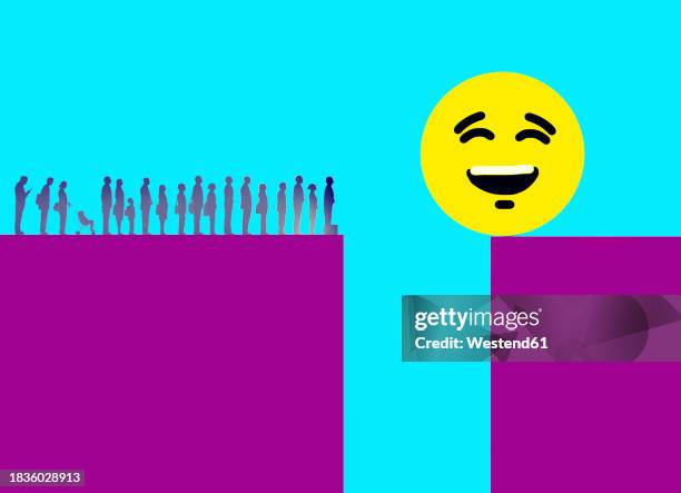 line of people looking across steep gap at oversized smiley face - at the edge of stock illustrations