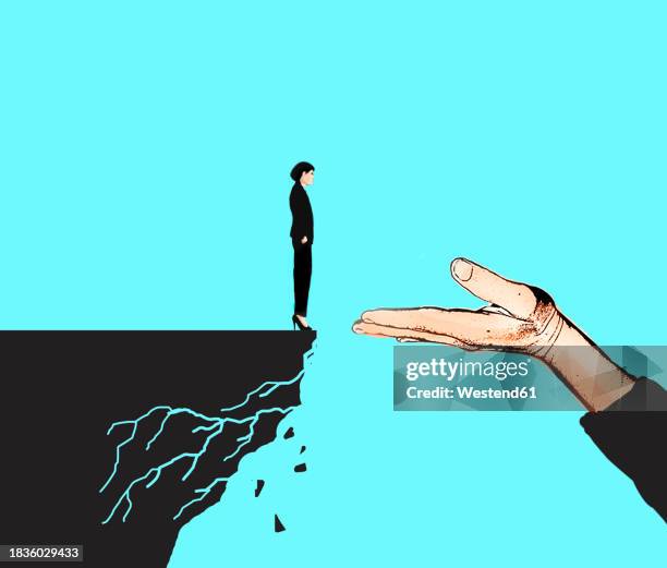 woman standing at edge of crumbling cliff in front of oversized hand - at the edge of stock illustrations