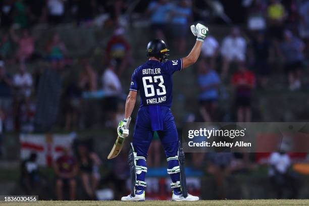 Jos Buttler of England reaches 50 runs during the 2nd CG United One Day International match between West Indies and England at Sir Vivian Richards...