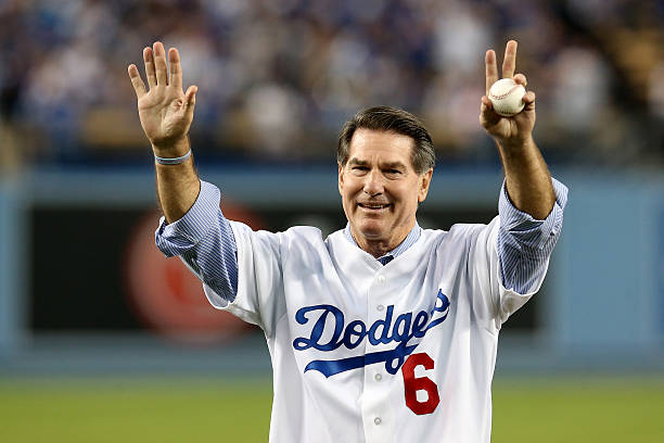 Los Angeles Dodgers legend Steve Garvey throws out a ceremonial first pitch before the Dodgers take on the Atlanta Braves in Game Four of the...
