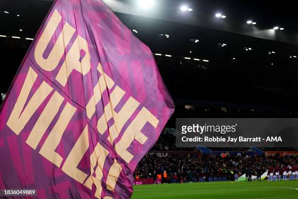 Giant flag reads 'Up The Villa' during the Premier League match between Aston Villa and Arsenal FC at Villa Park on December 9, 2023 in Birmingham,...