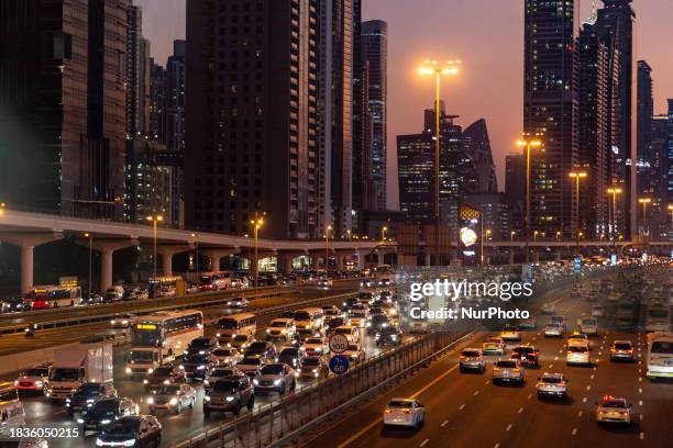 Traffic is seen on the main road of Dubai city, Sheikh Zayed Road during the COP28, UN Climate Change Conference, held by UNFCCC in Dubai Exhibition...