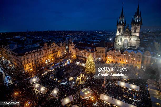 General view of the Old Town Square at the Christmas market at Old Town Square in Prague, Czech Republic on December 9, 2023. Christmas markets,...