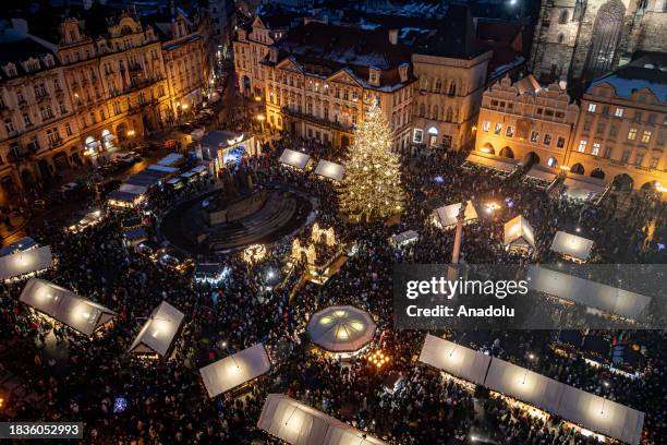 General view of the Old Town Square at the Christmas market at Old Town Square in Prague, Czech Republic on December 9, 2023. Christmas markets,...