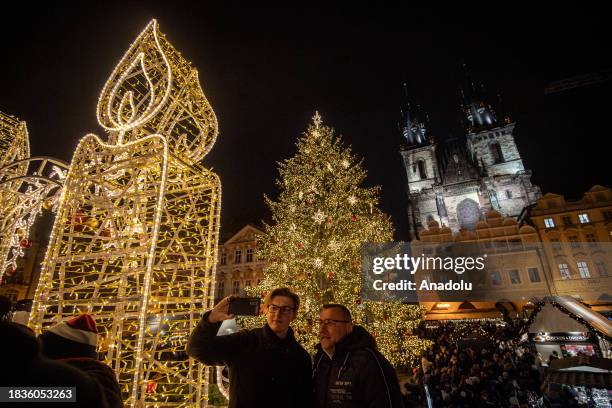 General view of the Old Town Square at the Christmas market at Old Town Square in Prague, Czech Republic on December 9, 2023. Christmas markets,...