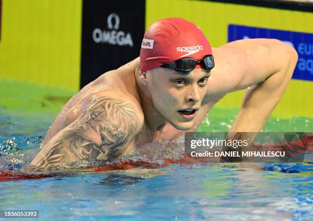 Gold medalist Matthew Richards of Great Britain reacts after the men's 200m Freestyle final of the European Short Course Swimming Championships in...