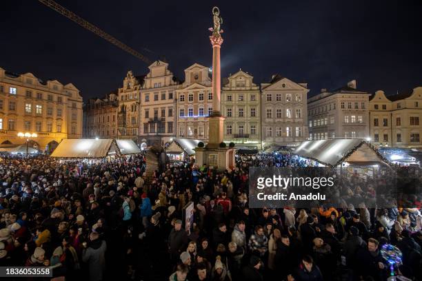 General view of the Old Town Square at the Christmas market at Old Town Square in Prague, Czech Republic on December 9, 2023. Christmas markets,...
